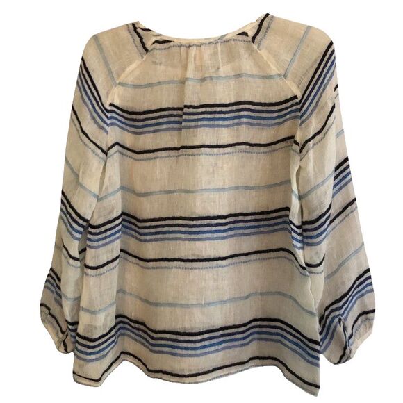 J.Crew 100% Linen Peasant Blouse Womens Sz 2 Sheer Indigo Striped Coastal Beachy - Picture 5 of 13